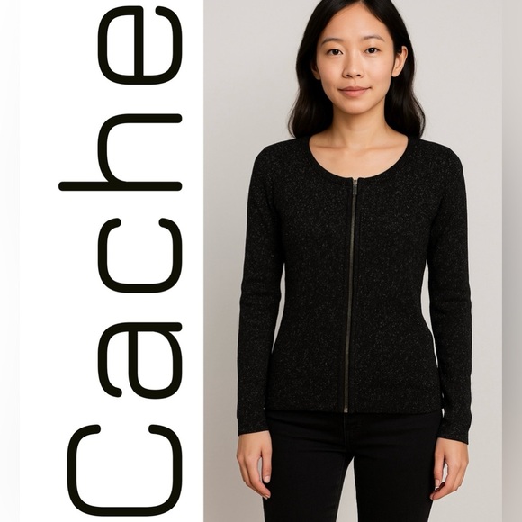 Cache Elegant Glitter Speckled Black Knit Zip Sweater - Picture 1 of 4